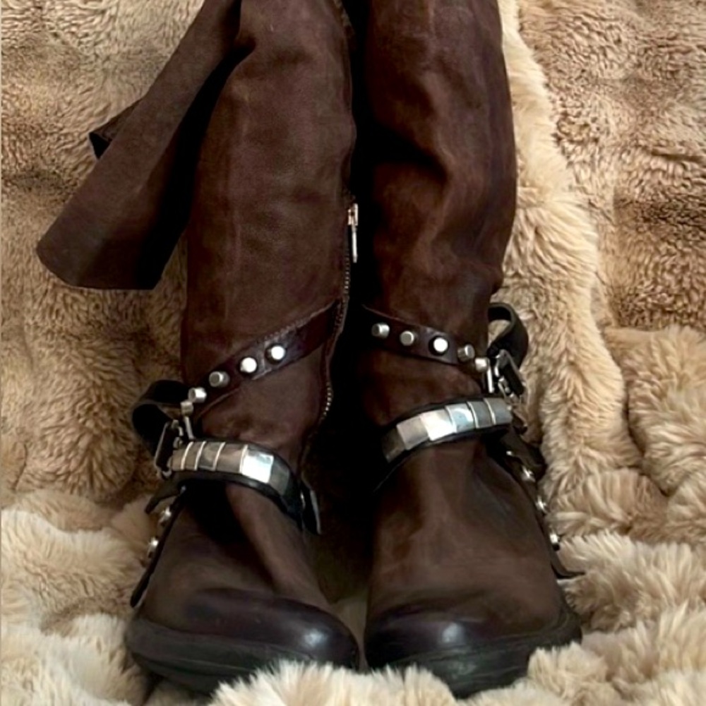 A.S.98 Silver Brown Over the Knee Boots with Distressed Leather